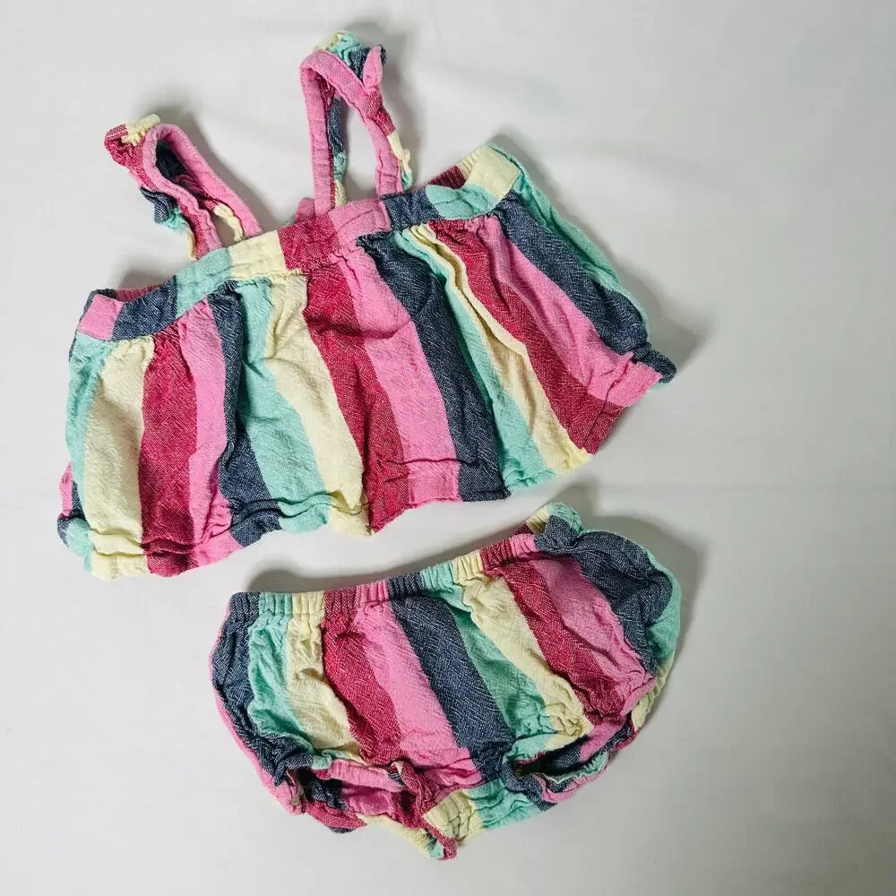 Old Navy 2 Piece Colorful Striped Babydoll Top w/ Bloomers Set Sz 12-18 mo